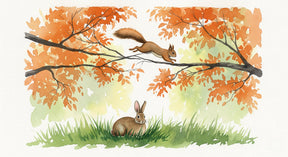 Detailed forest animals mural wallpaper design pattern featuring rabbit and squirrel in autumn setting by Kids-Mundo