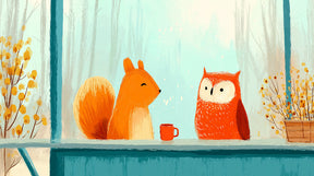 Detailed fox and owl tea time mural wallpaper design pattern with autumn leaves by Kids-Mundo