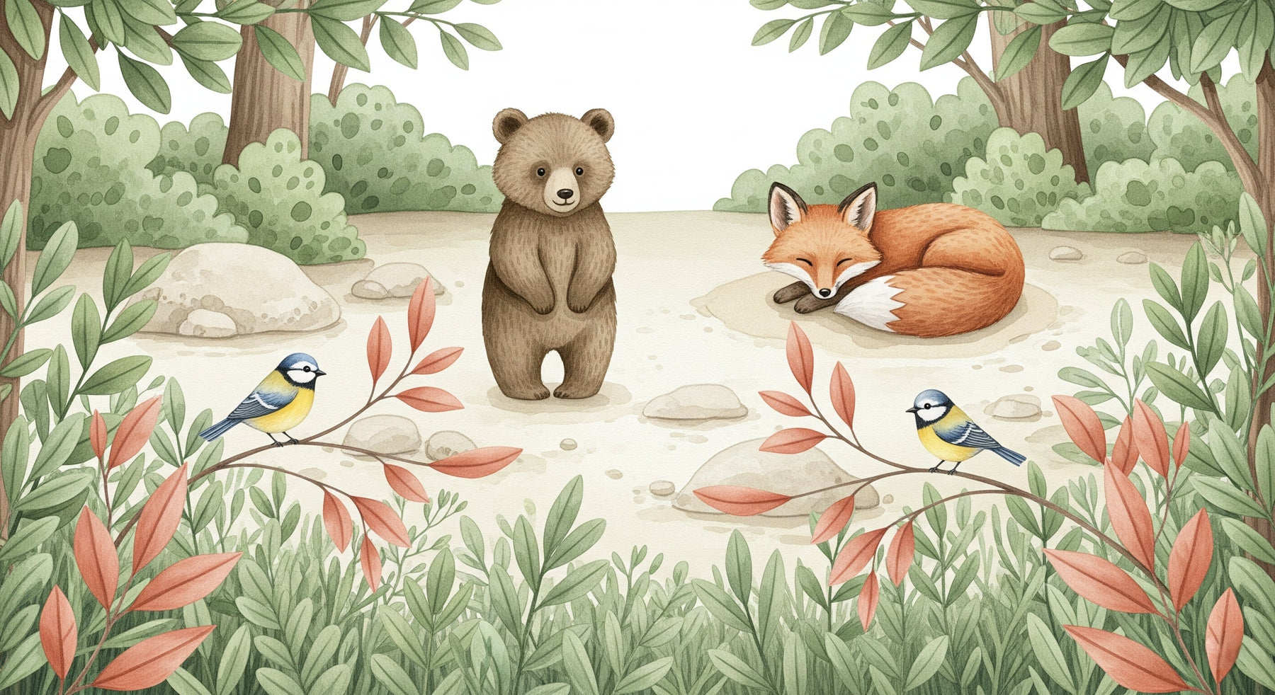 Detailed forest animals mural wallpaper design pattern with bear fox and birds by Kids-Mundo