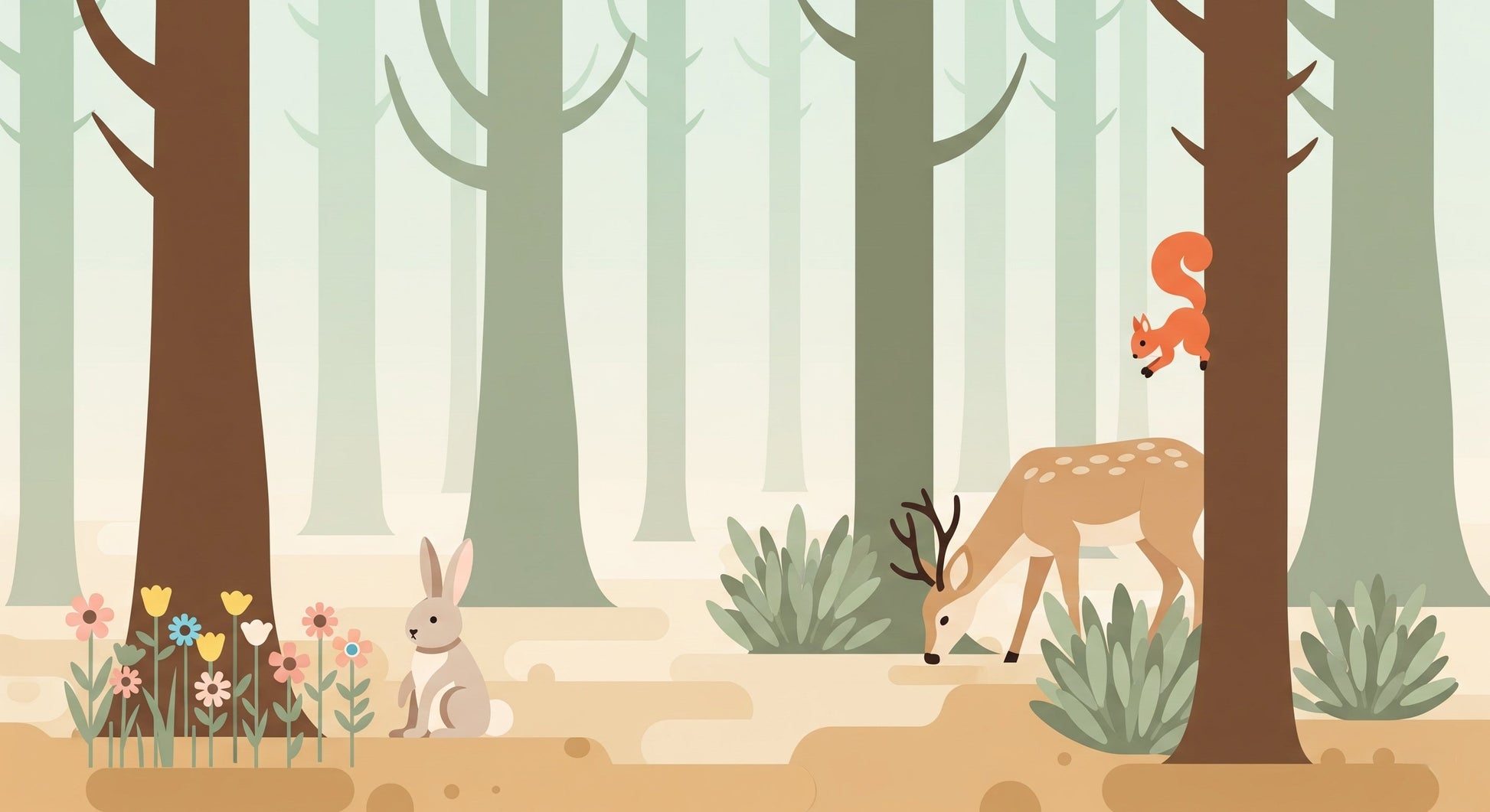 Detailed forest animals mural wallpaper design pattern featuring deer, rabbit and squirrel by Kids-Mundo