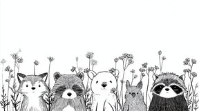 Detailed forest animals mural wallpaper design pattern with woodland creatures and flowers