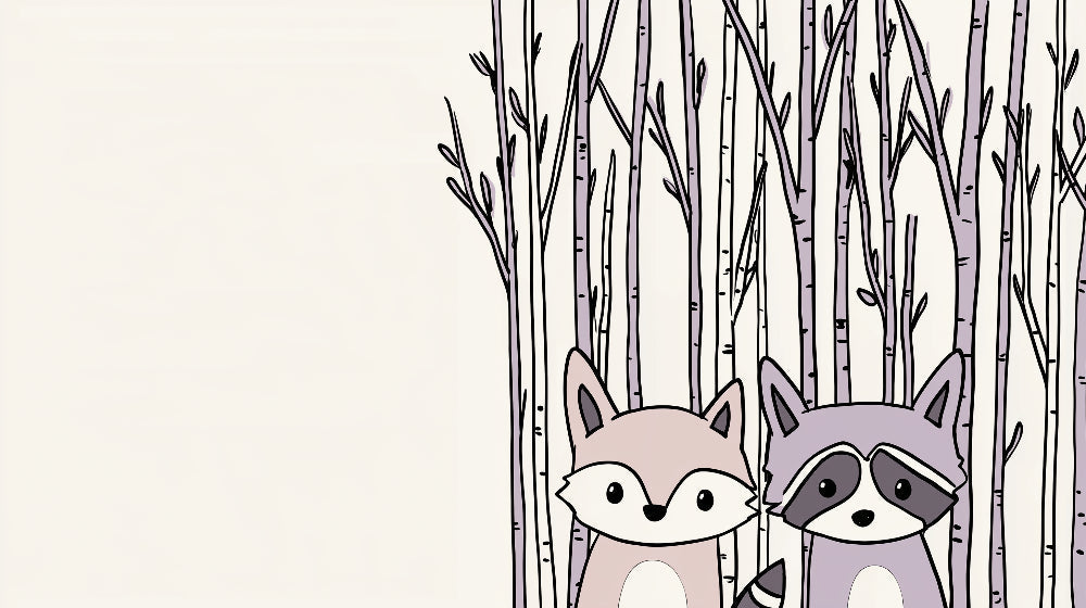 Detailed forest animals mural wallpaper design pattern with fox and raccoon by Kids-Mundo