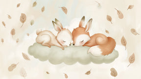 Detailed sleeping fox and rabbit mural wallpaper design pattern with floating leaves by Kids-Mundo