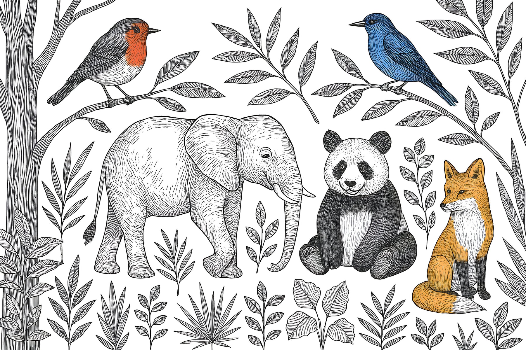 Detailed forest animals mural wallpaper design pattern with black white woodland creatures by Kids-Mundo