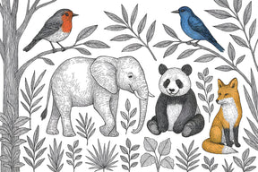 Detailed forest animals mural wallpaper design pattern with black white woodland creatures by Kids-Mundo
