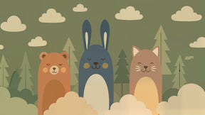 Detailed forest animals mural wallpaper design pattern showing bear rabbit cat and woodland elements by Kids-Mundo