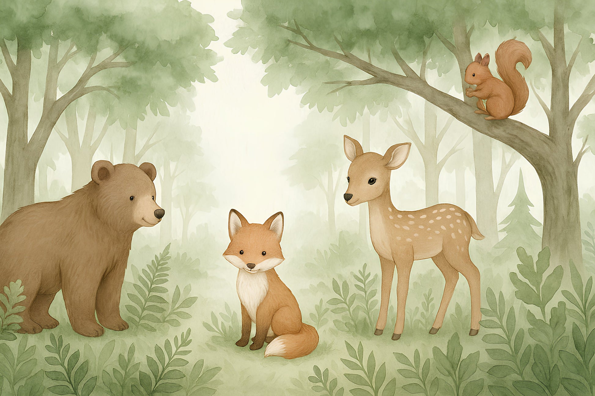 Detailed forest animals mural wallpaper design pattern showing bear fox fawn squirrel by Kids-Mundo