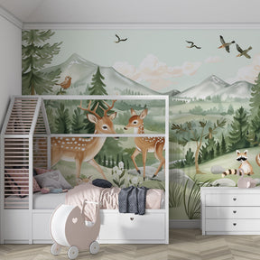 Green forest animals wallpaper featuring fawns and foxes in children's room by Kids-Mundo