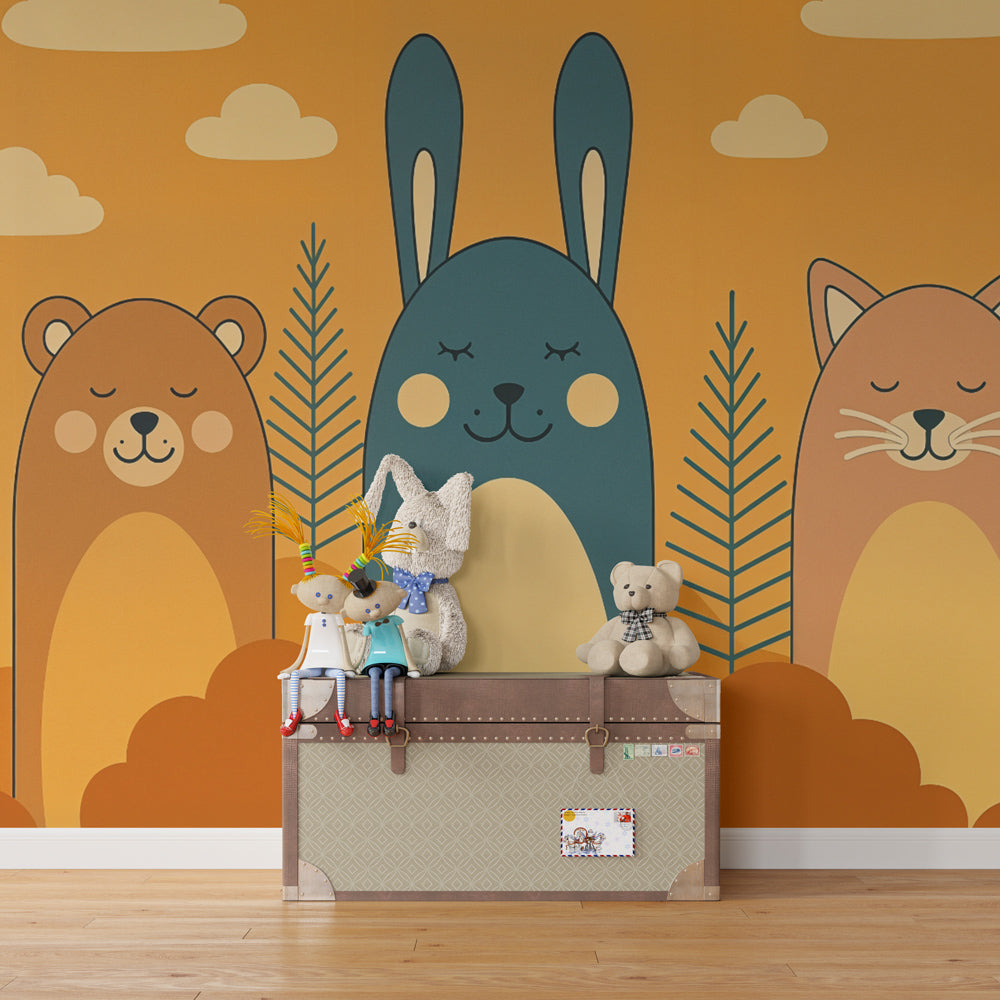 Orange woodland animal wallpaper creating cozy atmosphere in children's bedroom decor