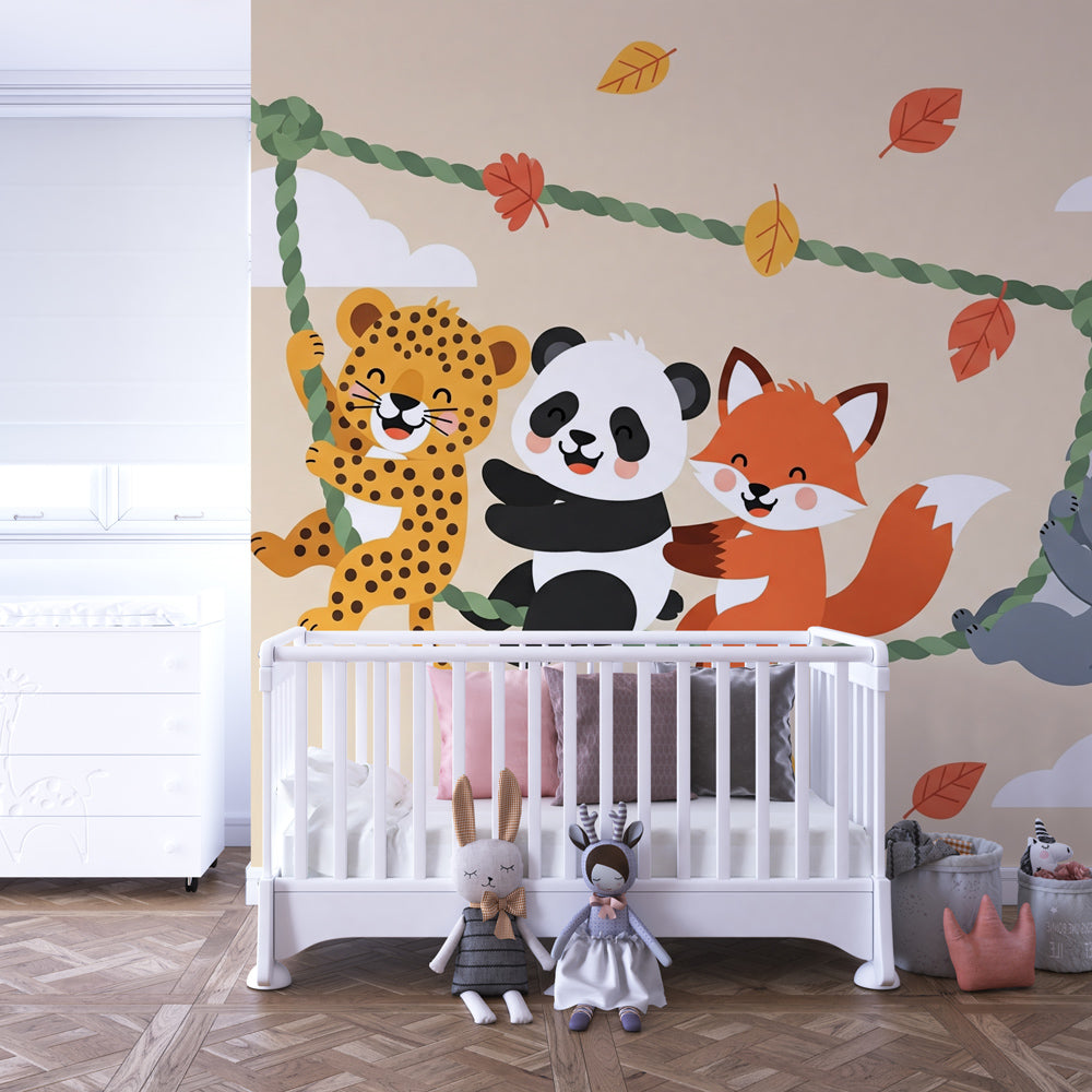 Happy woodland animals wallpaper creating magical children's bedroom with panda leopard fox koala design
