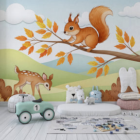 Autumn woodland wallpaper creating peaceful atmosphere in children's bedroom decor