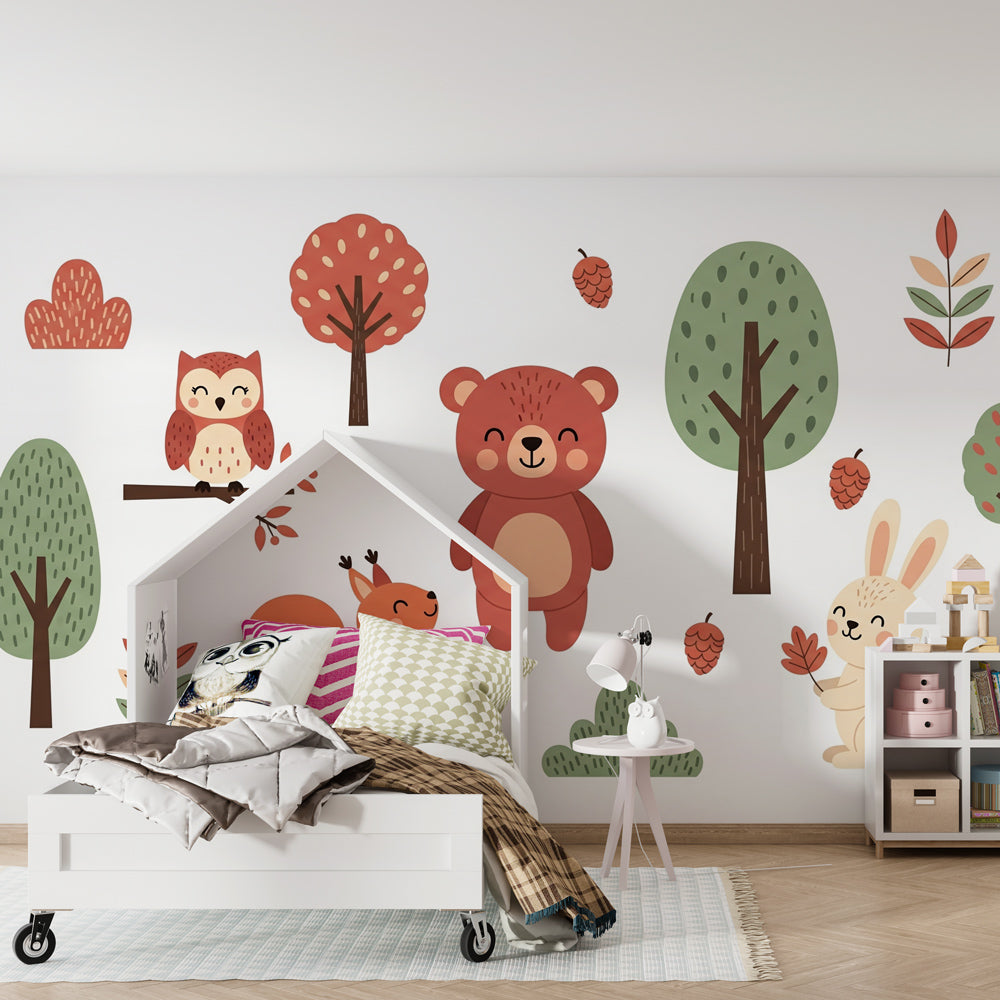 Cute woodland creatures mural wallpaper transforming children's bedroom into cozy forest sanctuary