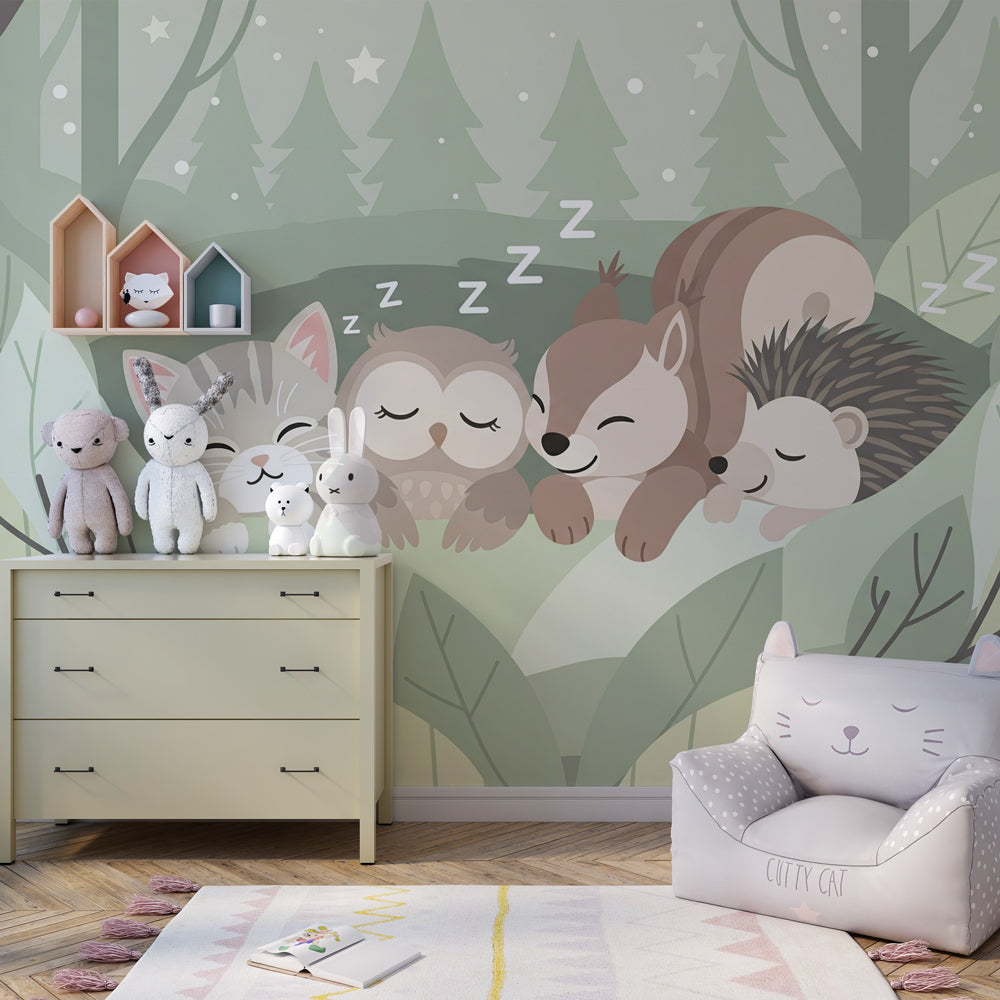 Sleeping animals wallpaper creating calm atmosphere in modern children's bedroom decor