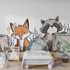 Nature themed mural wallpaper featuring forest animals in cozy kids room setting