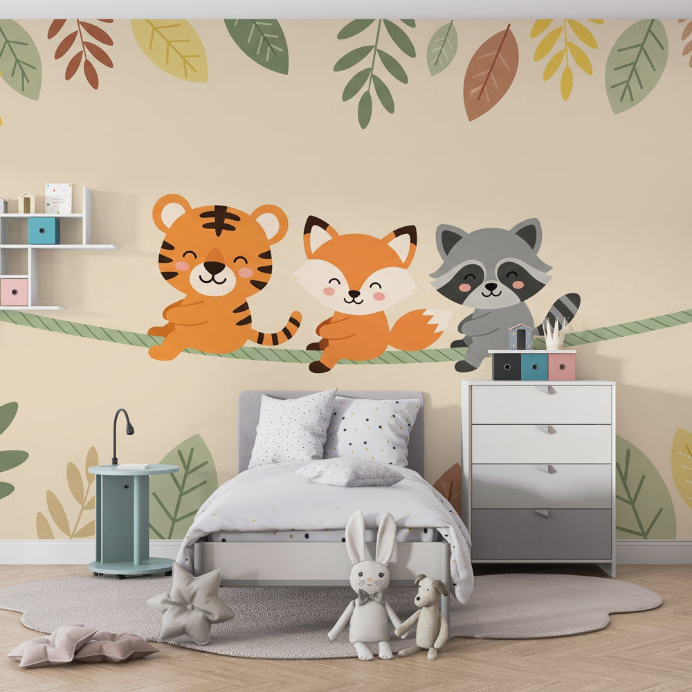 Tiger fox raccoon mural wallpaper transforming children's bedroom into magical forest