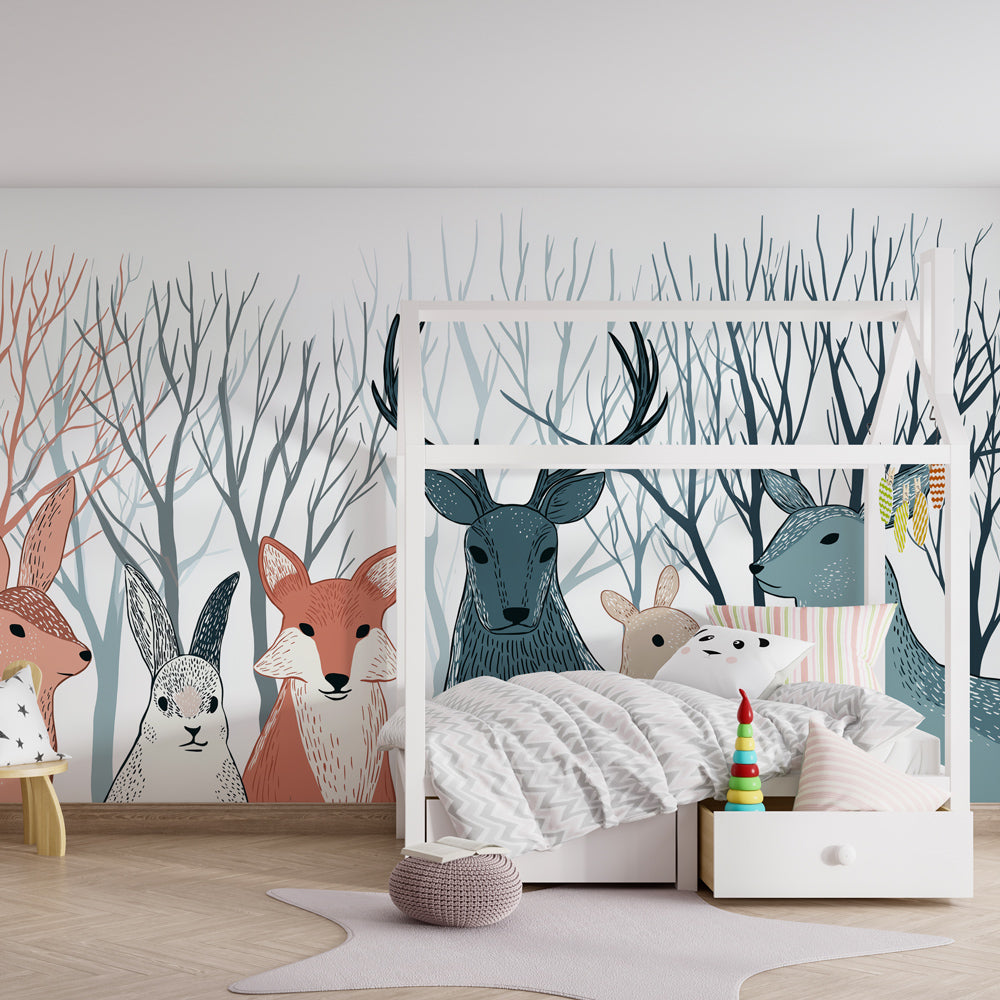 Gentle forest animals wallpaper in soft pastels transforming kids room into woodland sanctuary