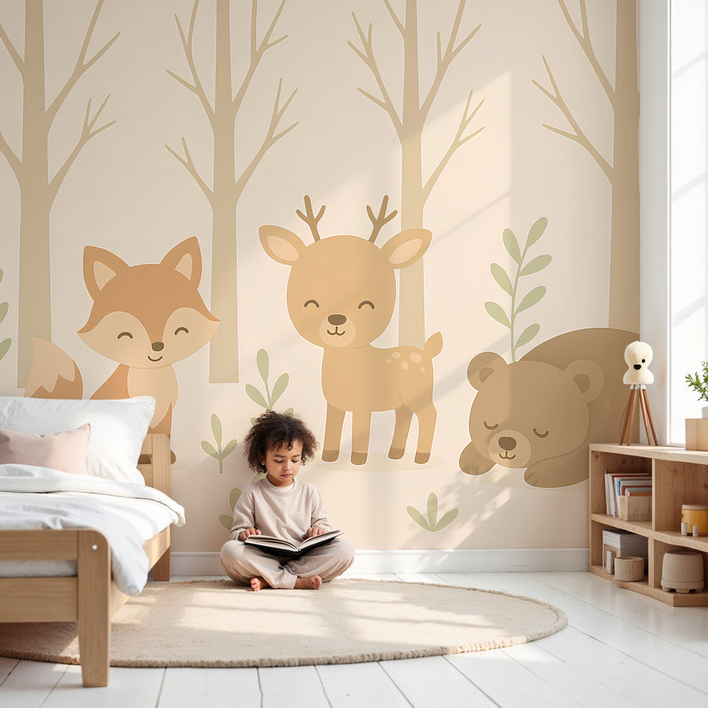 Forest animals mural wallpaper with fox, fawn and bear in cozy nursery by Kids-Mundo
