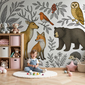 Forest animals mural wallpaper in modern nursery with natural wood crib by Kids-Mundo