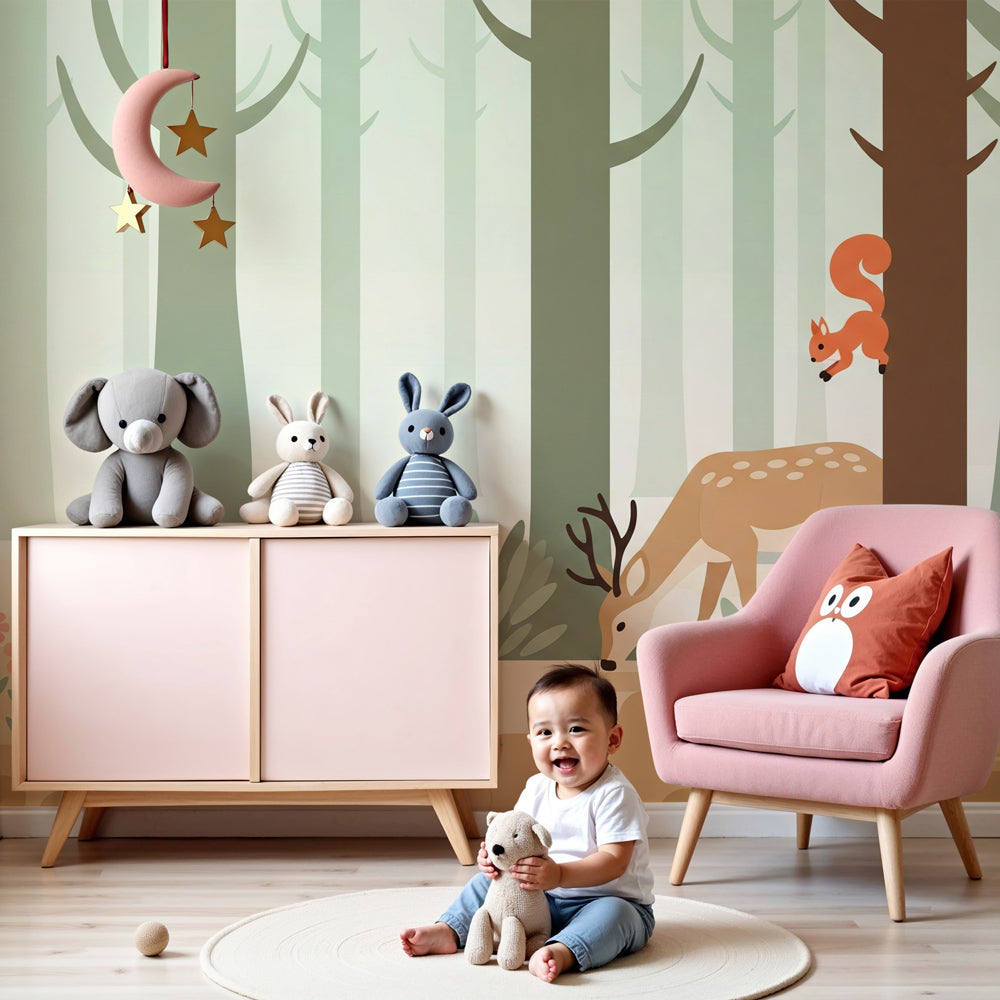Enchanted forest animals mural wallpaper in modern nursery with natural wood crib by Kids-Mundo
