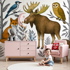 Forest animals mural wallpaper with moose and woodland creatures in modern nursery by Kids-Mundo