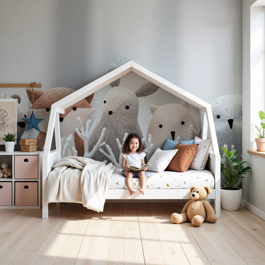 Forest animals mural wallpaper in modern baby nursery with woodland creatures by Kids-Mundo