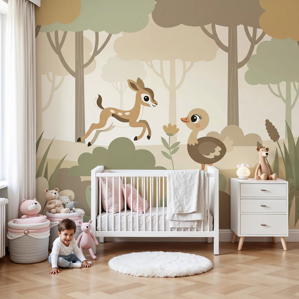 Forest animals mural wallpaper with fox and fawn in modern nursery room by Kids-Mundo
