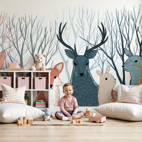 Forest animals mural wallpaper featuring deer fox and rabbits in peaceful nursery setting by Kids-Mundo