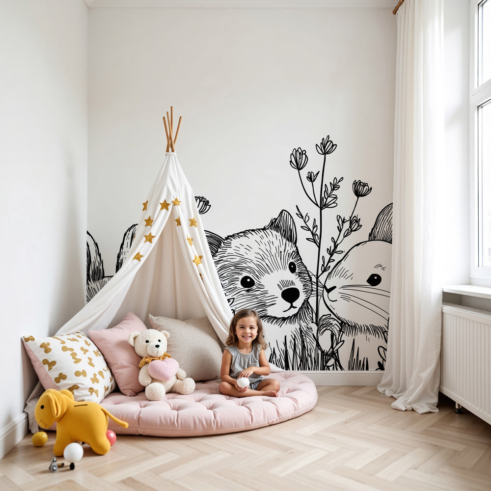 Forest animals mural wallpaper in black and white decorating modern nursery with woodland theme by Kids-Mundo