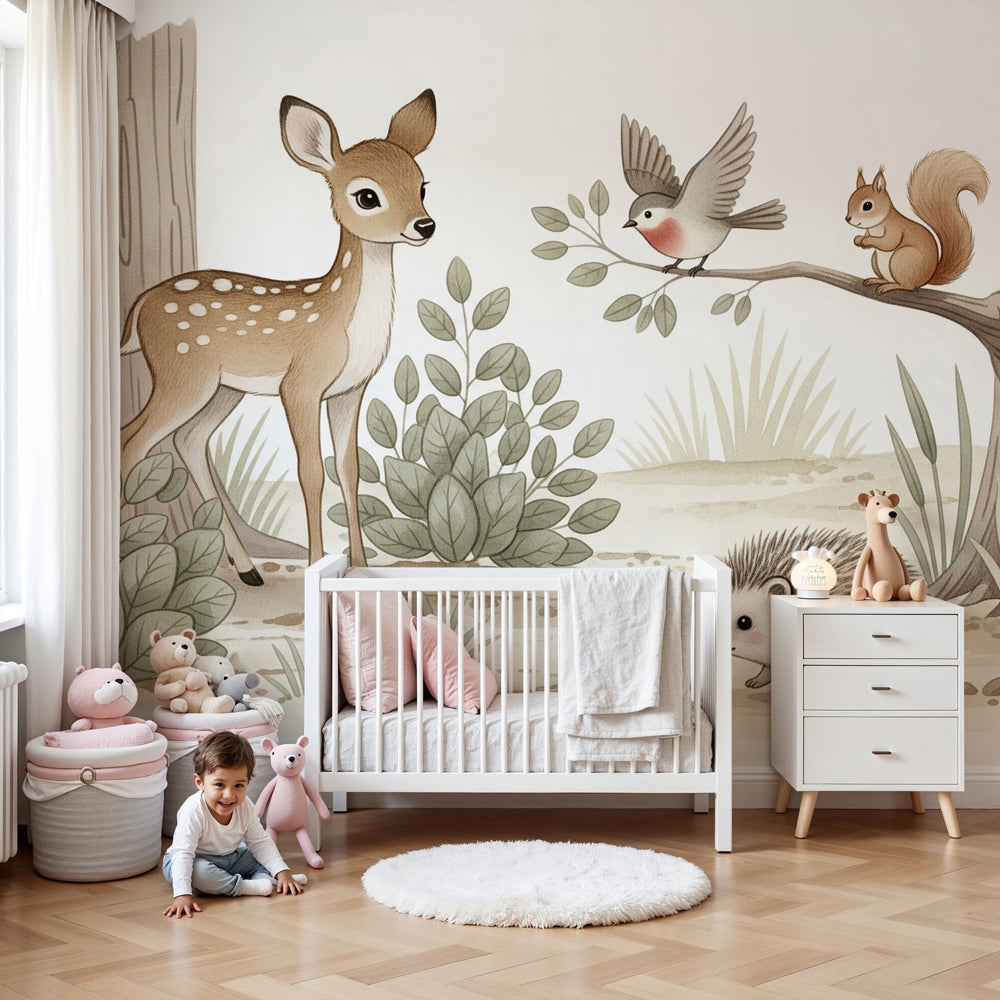 Forest animals mural wallpaper with fawn and woodland creatures in modern baby nursery by Kids-Mundo