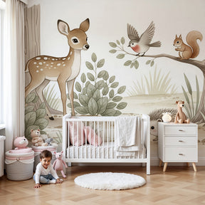 Forest animals mural wallpaper with fawn and woodland creatures in modern baby nursery by Kids-Mundo