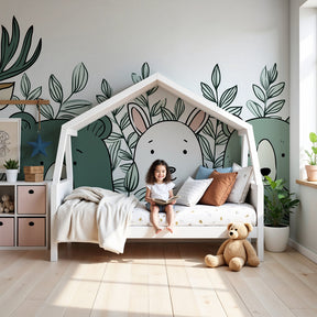Forest animals mural wallpaper in bright nursery with woodland creatures and green foliage by Kids-Mundo