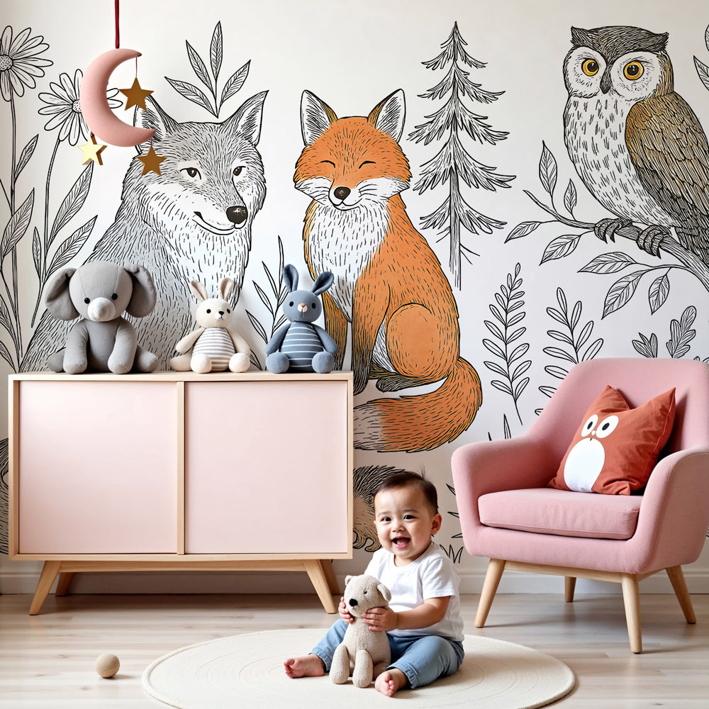 Forest animals mural wallpaper creating magical woodland nursery decor with fox and owl by Kids-Mundo