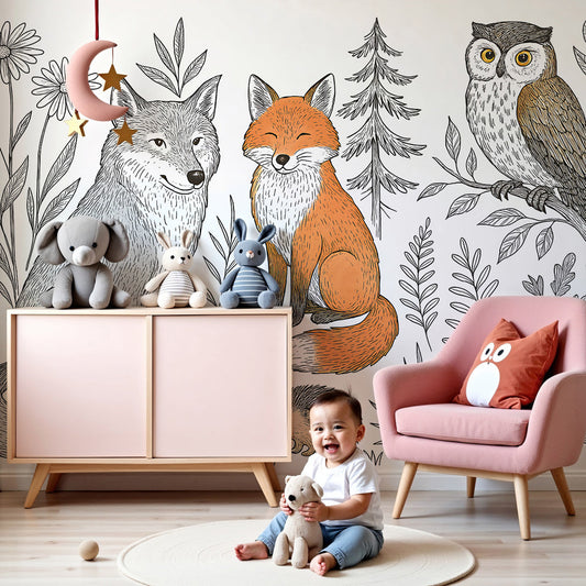 Forest animals mural wallpaper creating magical woodland nursery decor with fox and owl by Kids-Mundo