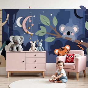 Forest animals mural wallpaper in modern nursery with panda tiger koala nocturnal scene by Kids-Mundo