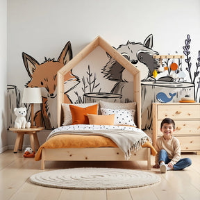 Forest animals mural wallpaper with fox and raccoon in modern nursery room by Kids-Mundo