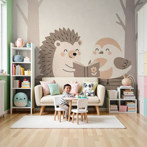 Forest animals mural wallpaper with reading hedgehog and bird in cozy nursery by Kids-Mundo