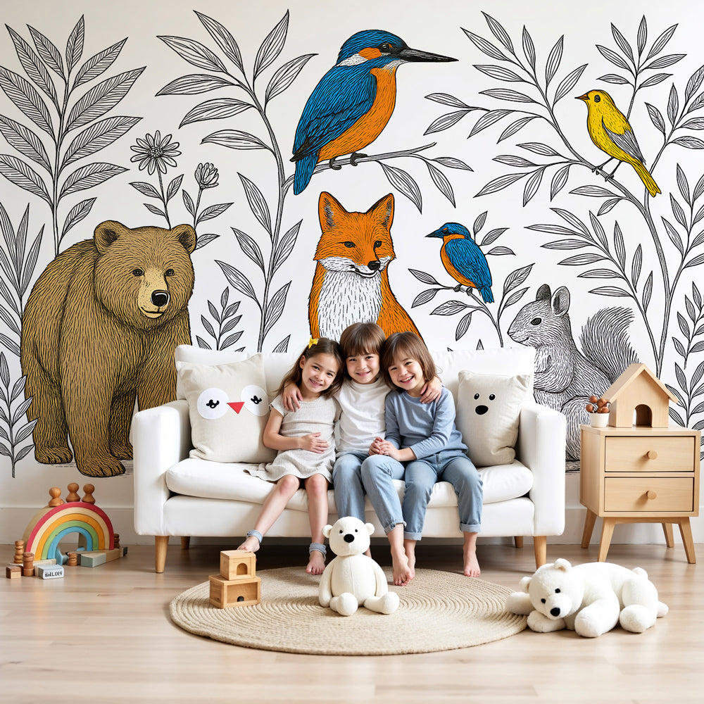 Forest animals mural wallpaper with bear and fox in modern nursery room by Kids-Mundo