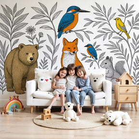 Forest animals mural wallpaper with bear and fox in modern nursery room by Kids-Mundo