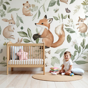 Forest animals mural wallpaper with foxes and rabbits in modern nursery by Kids-Mundo