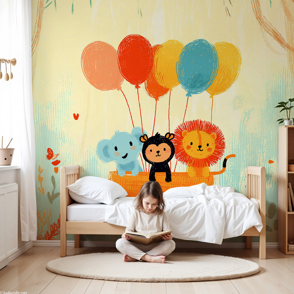 Forest animals balloon adventure mural wallpaper in modern nursery with wooden crib by Kids-Mundo