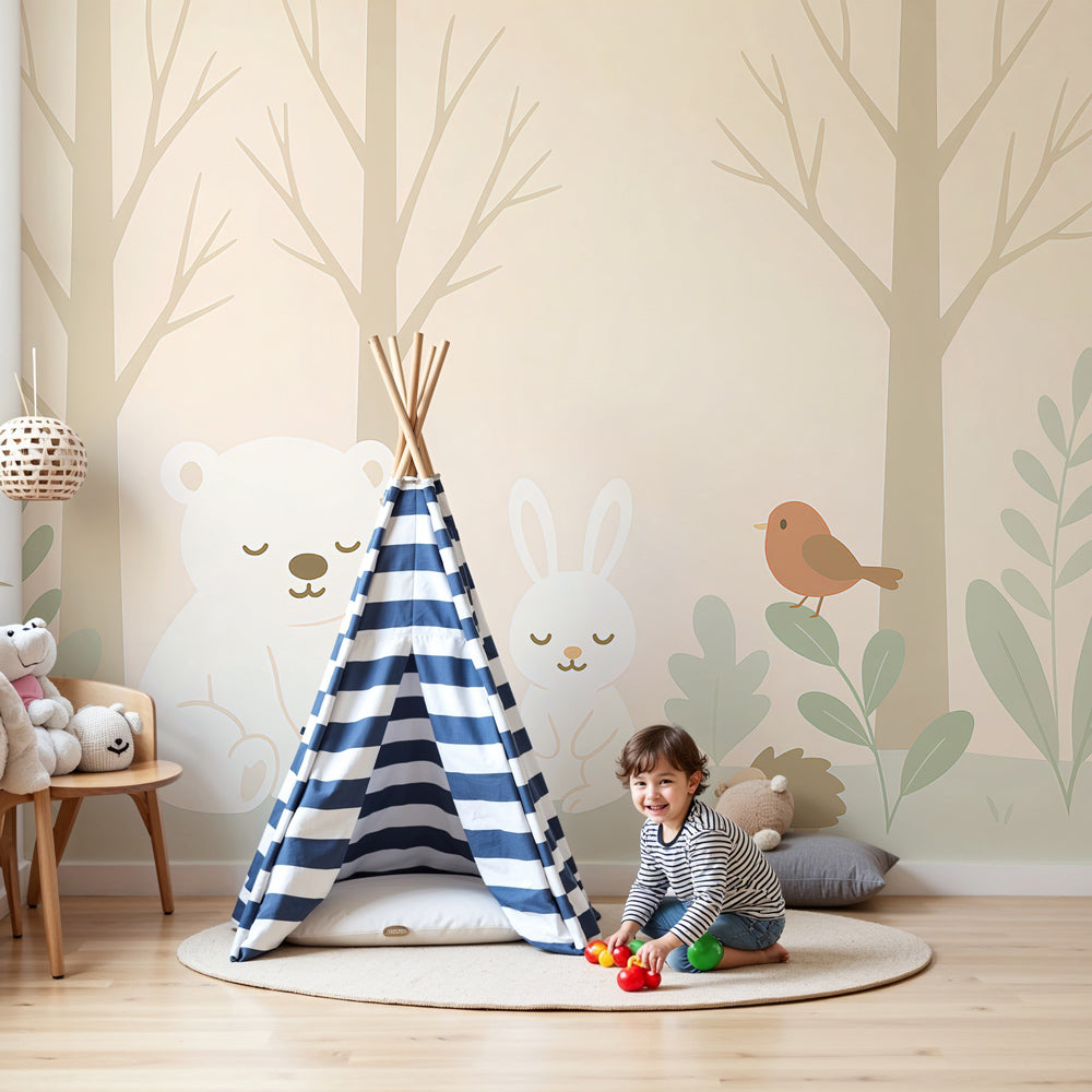 Forest animals mural wallpaper featuring woodland creatures in beige nursery by Kids-Mundo