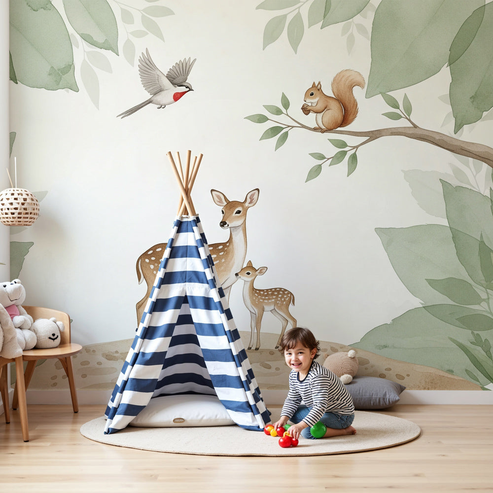 Forest animals mural wallpaper with deer family in peaceful nursery setting by Kids-Mundo
