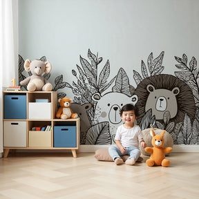 Forest animals mural wallpaper in cozy nursery with jungle safari theme by Kids-Mundo