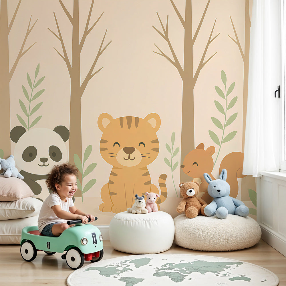 Forest animals mural wallpaper with panda tiger squirrel in cozy nursery by Kids-Mundo