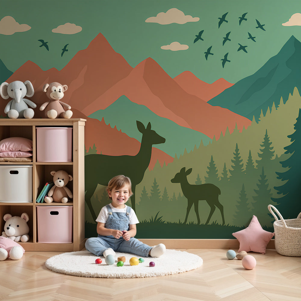 Forest animals mural wallpaper with mother deer and fawn in peaceful nursery setting by Kids-Mundo