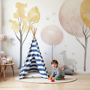 Forest animals mural wallpaper with llamas and mushrooms in pastel nursery by Kids-Mundo