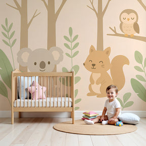 Forest animals mural wallpaper in modern nursery with koala and woodland creatures by Kids-Mundo