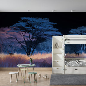 Night forest wallpaper creating enchanting nursery decor with woodland animals and blue tones