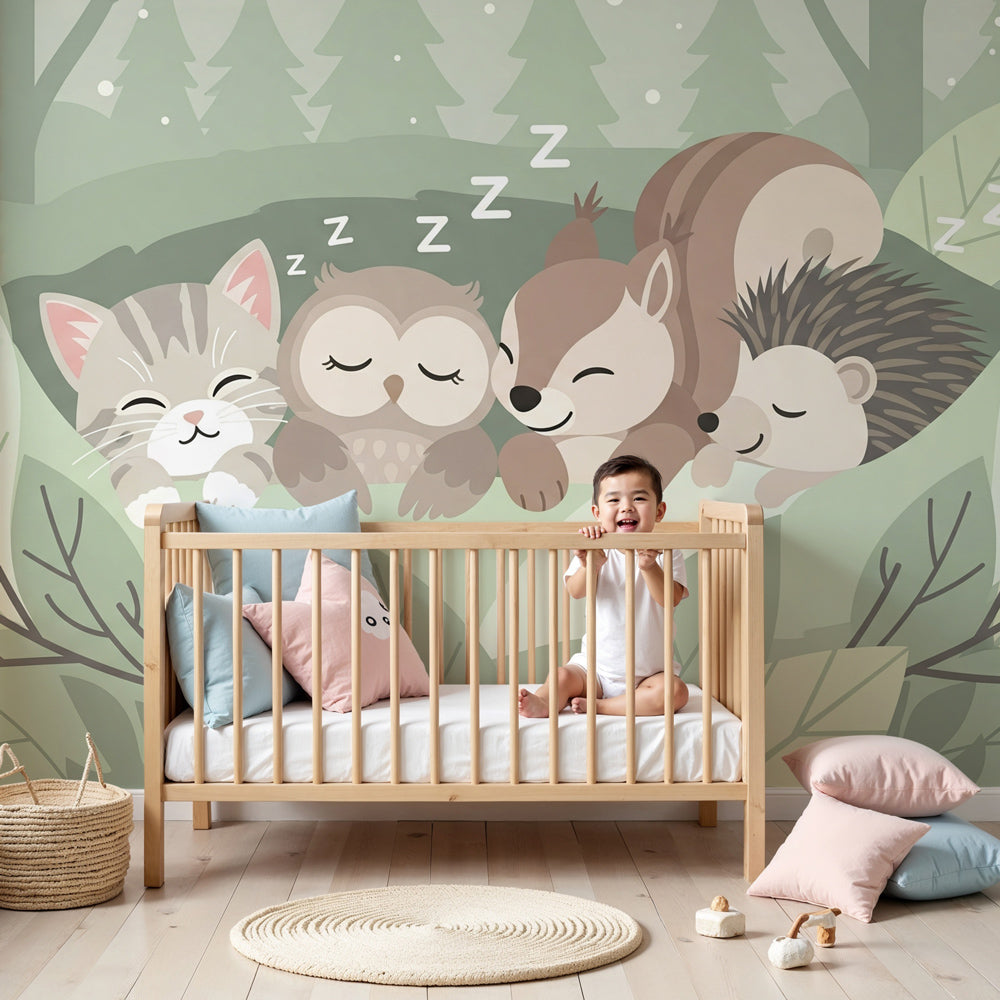 Forest animals mural wallpaper in peaceful nursery with sleeping woodland creatures by Kids-Mundo