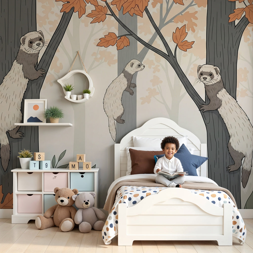 Forest animals mural wallpaper with playful ferrets creating magical nursery decor by Kids-Mundo